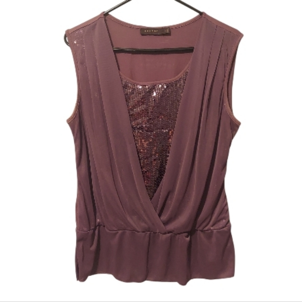 THE LIMITED Purple Sleeveless Layered V-Neck Sequin Cinch Waisted Peplum Top S